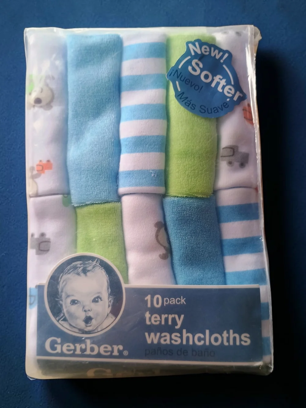 NEW- Gerber 10 Pack Terry Washcloths. Blue And Green With Various Themes